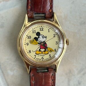 Mickey Mouse Watch Gold Tone Brown Leather band Lorus Works new battery Cute